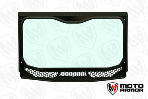 Moto Armor full glass windshield with vents and billet mounts for Voodoo Riders Kawasaki KRX 1000 cage, featuring wide view and durable frame.