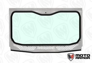 Moto Armor full glass windshield with vents and billet mounts for Voodoo Riders Kawasaki KRX 1000 cage, featuring wide view and durable frame.