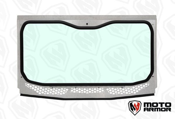 Moto Armor full glass windshield with vents and billet mounts for Voodoo Riders Kawasaki KRX 1000 cage, featuring wide view and durable frame.