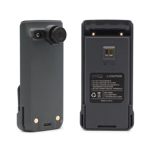 Back of the Rugged Radios grey GMR5 battery showing the swivel belt clip attachment point