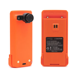 Back of the Rugged Radios Safety Orange GMR5 battery with 7.4V lithium-ion rating label