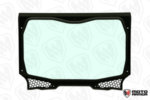 Moto Armor full glass windshield for Voodoo Riders Pro XP, Turbo R, and Pro R cages with DOT safety glass and billet mounting system.