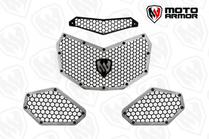 Moto Armor radiator grill set for 2017–2024 Can-Am Maverick X3 models, crafted from thick aluminum with honeycomb design for airflow and protection.