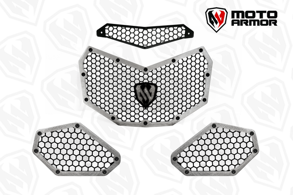Moto Armor radiator grill set for 2017–2024 Can-Am Maverick X3 models, crafted from thick aluminum with honeycomb design for airflow and protection.