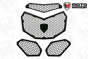 Moto Armor radiator grill set for 2017–2024 Can-Am Maverick X3 models, crafted from thick aluminum with honeycomb design for airflow and protection.