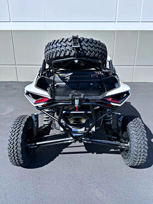 Can-Am Maverick R Geiser spare tire carrier rear view with mounted spare