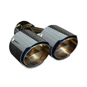 RPM CFMoto Z10 exhaust tip, heat-blued blue/gold tip with gloss carbon sleeve