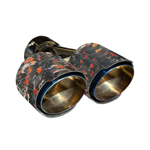 RPM CFMoto Z10 exhaust tip, heat-blued blue/gold tip with red forged carbon sleeve