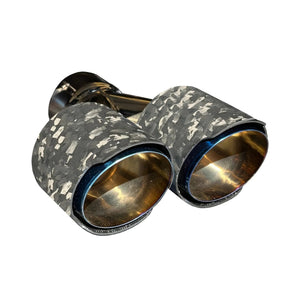 RPM CFMoto Z10 exhaust tip, heat-blued blue/gold tip with matte forged carbon sleeve