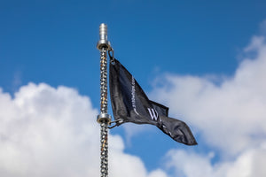 5150 187 Platinum LED whip, Platinum whip with flag against blue sky, low angle
