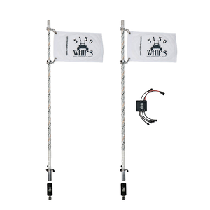 5150 Platinum Chalk Line whip pair, two white Platinum Chalk Line whips with white flags and controller on white background