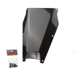 Carbon fiber engine access panel for Maverick R with precision fit, heat protection, and included mounting hardware