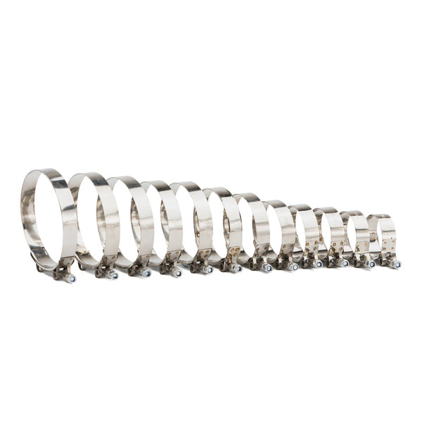 RPM Replacement T-Bolt Clamps made from 304 stainless steel, size-stamped, high-strength for turbo, intake, and silicone hose applications.