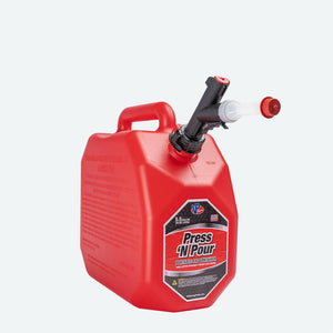 Press ‘N Pour 5.5-gallon gas can with ergonomic press-button spout and flame mitigation device – red plastic container