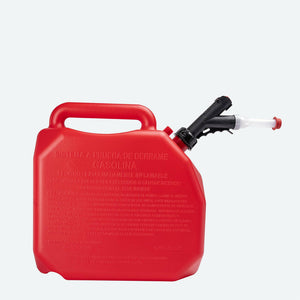 Press ‘N Pour 5.5-gallon gas can with ergonomic press-button spout and flame mitigation device – red plastic container