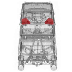 X-ray view of SSV Works rear upper speaker pods mounted between the Can-Am Defender roof and roof liner