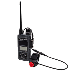 Rugged Radios GMR5-X handheld radio with the waterproof RCA PTT adapter installed on the side port