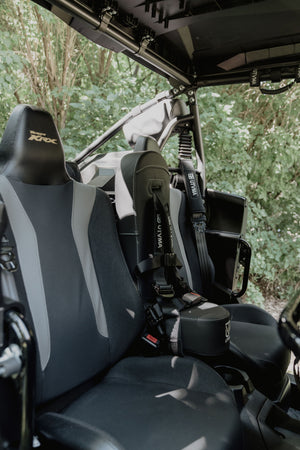 Kawasaki KRX 4 rear bump seat for 2023+ UTV Mountain Accessories, showing the black seat with mounting hardware.