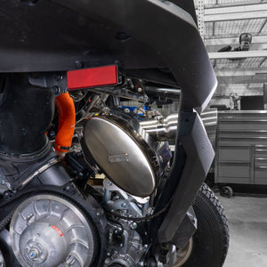 Installed RPM chambered muffler under the bed of a CFMoto ZForce Z10