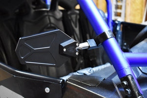 Moto Armor Billet Convex Mirrors with breakaway design, wide-view glass, and clamps fitting 1.75" to 2" round tubing on UTV roll cages.
