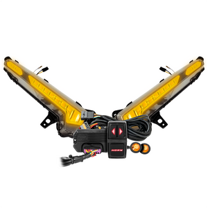 Can-Am Defender HD11 turn signal kit with sequential amber LED fangs, front detail