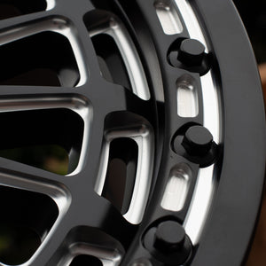 Metal FX Delta 6R Beadlock Satin Black Contrast Cut UTV wheel, detail view