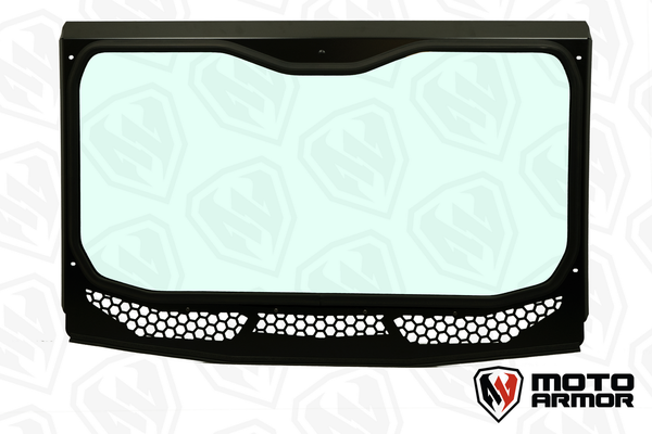 Moto Armor full glass windshield with vents and billet mounts for Voodoo Riders Kawasaki KRX 1000 cage, featuring wide view and durable frame.