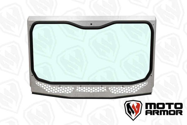 Moto Armor full glass windshield with vents and billet mounts for Voodoo Riders Kawasaki KRX 1000 cage, featuring wide view and durable frame.