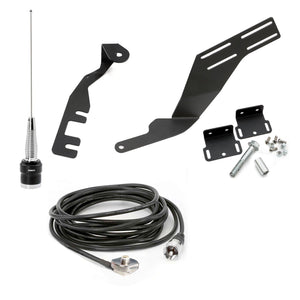 Rugged Radios GMRS radio kit installed in a Ford Ranger with A-pillar antenna and console radio mount
