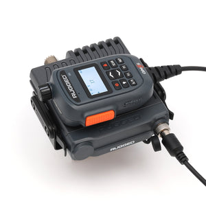 Rugged Radios G2 Mini GMRS radio hand microphone showing the RIDEui display and control buttons
