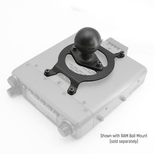 Rugged Radios G4 radio on the AMPS mounting bracket shown with an optional ball mount accessory