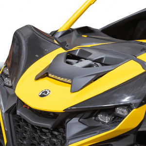 Animation showing RPM carbon fiber hood enclosing the Maverick R factory shocks