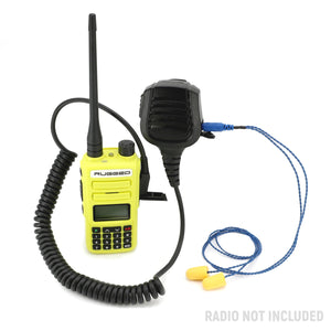 Rugged Radios hand speaker mic and AlphaBuds earbud bundle connected to a 2-pin handheld radio