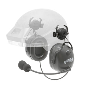 Rugged Radios HRM-210 intercom headset shown on an MRC Opposition helmet with the rail mount system