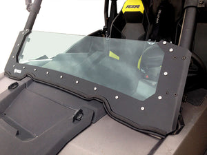 Moto Armor glass half windshield for Polaris RZR 900/1000 XP with black powder-coated frame and billet aluminum clamps