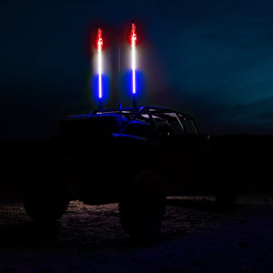 5150 Hyper Color Platinum whip, UTV at dusk with two whips lit red white and blue
