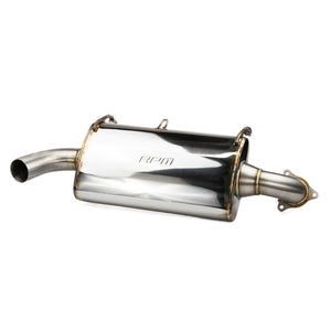 RPM RZR XPT Turbo stainless slip-on muffler with deep sport tone, bolts to stock or E-Valve mid-pipe, gasket and hardware included.