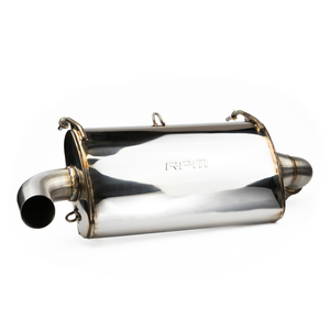 RPM RZR XPT Turbo stainless slip-on muffler with deep sport tone, bolts to stock or E-Valve mid-pipe, gasket and hardware included.