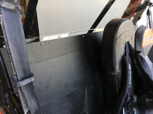 Dark tinted polycarbonate rear window for RZR XP 1000 and Turbo models with quick strap install and removable harness access panels