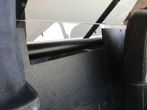 Dark tinted polycarbonate rear window for RZR XP 1000 and Turbo models with quick strap install and removable harness access panels