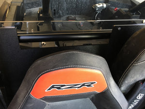 Dark tinted polycarbonate rear window for RZR XP 1000 and Turbo models with quick strap install and removable harness access panels
