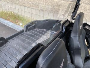 Clear rear polycarbonate windshield for Wildcat 700 Trail and Sport with billet mounts, 3/16" thick, CNC-cut, made in the USA