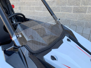 UTVZILLA clear polycarbonate half windshield for Polaris RS1 with billet mounts and quick-release knobs