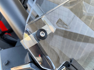 UTVZILLA clear polycarbonate half windshield for Polaris RS1 with billet mounts and quick-release knobs