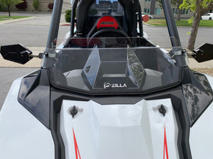 UTVZILLA clear polycarbonate half windshield for Polaris RS1 with billet mounts and quick-release knobs