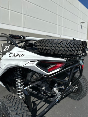 Can-Am Maverick R Geiser spare tire carrier installed detail