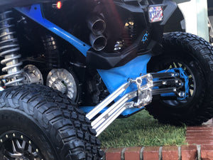 LM UTV high clearance radius rods fitted to a Can-Am Maverick X3, trailing arm side view