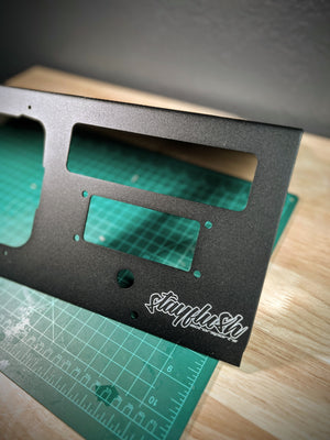 Detail of the StayFlush Motorsports 14-gauge aluminum console for the Can-Am Defender dash