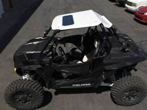 Low-profile Moto Armor Fast Back Aluminum Roof with sunroof and rear spoiler for Polaris RZR XP 1000, Turbo, and 900 UTVs.