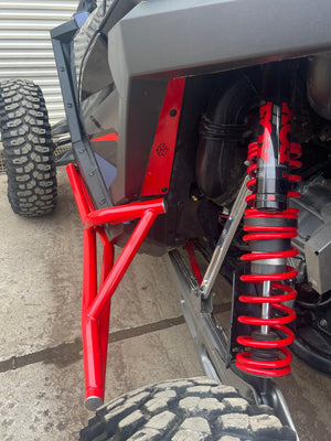 L&W Fab Polaris RZR Pro R 2-seat rock sliders and tree kickers, durable off-road protection for side panels and undercarriage.
